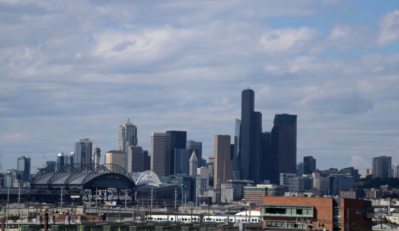 Aug 30, 2018; Seattle, WA, USA; General overall view of Safeco Field and CenturyLnk Field and the downtown Seattle skyline. Mandatory Credit: Kirby Lee-USA TODAY Sports