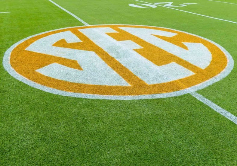 Oct 20, 2018; Knoxville, TN, USA; The SEC logo on the field at Neyland Stadium before a game between the Tennessee Volunteers and Alabama Crimson Tide. Mandatory Credit: Bryan Lynn-USA TODAY Sports