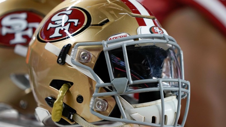 Nov 1, 2018; Santa Clara, CA, USA; General view of the San Francisco 49ers helmet in the game against the Oakland Raiders during the third quarter at Levi's Stadium. Mandatory Credit: Stan Szeto-USA TODAY Sports