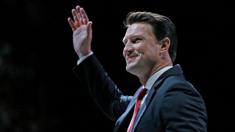 Shane Doan waves to fans as they clap after his jersey was raised during the jersey retirement ceremony at Gila River Arena in Glendale, Ariz. on February 24, 2019. 

B1 9288