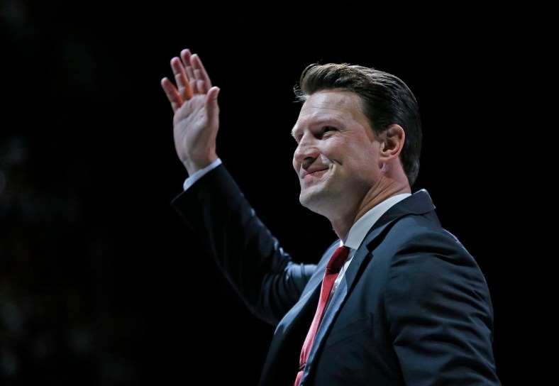 Shane Doan waves to fans as they clap after his jersey was raised during the jersey retirement ceremony at Gila River Arena in Glendale, Ariz. on February 24, 2019. 

B1 9288
