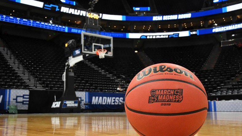 Mar 23, 2019; Salt Lake City, UT, USA; General overall view of Wilson official  NCAA basketball with the March Madness logo on the court during a second round game of the 2019 NCAA Tournament between the Baylor Bears and the Gonzaga Bulldogs at Vivint Smart Home Arena. Mandatory Credit: Kirby Lee-USA TODAY Sports