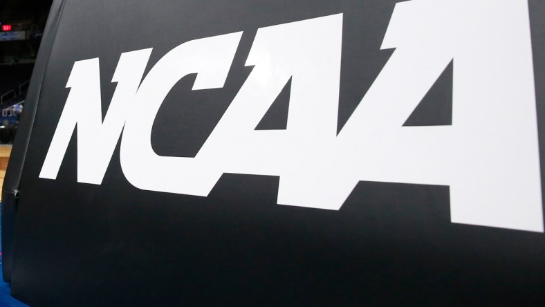 Mar 29, 2019; Albany , NY, USA; General view of a NCAA logo prior to an Albany regional semifinal game of the women's 2019 NCAA Tournament between the UCLA Bruins and the UConn Huskies at the Times Union Center. Mandatory Credit: Rich Barnes-USA TODAY Sports