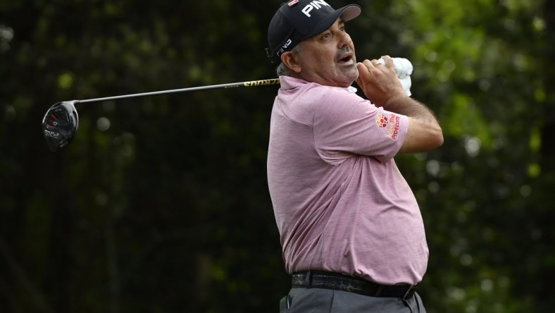 Apr 11, 2019; Augusta, GA, USA; Angel Cabrera hits his tee shot on the 2nd hole during the first round of The Masters golf tournament at Augusta National Golf Club. Mandatory Credit: Michael Madrid-USA TODAY Sports