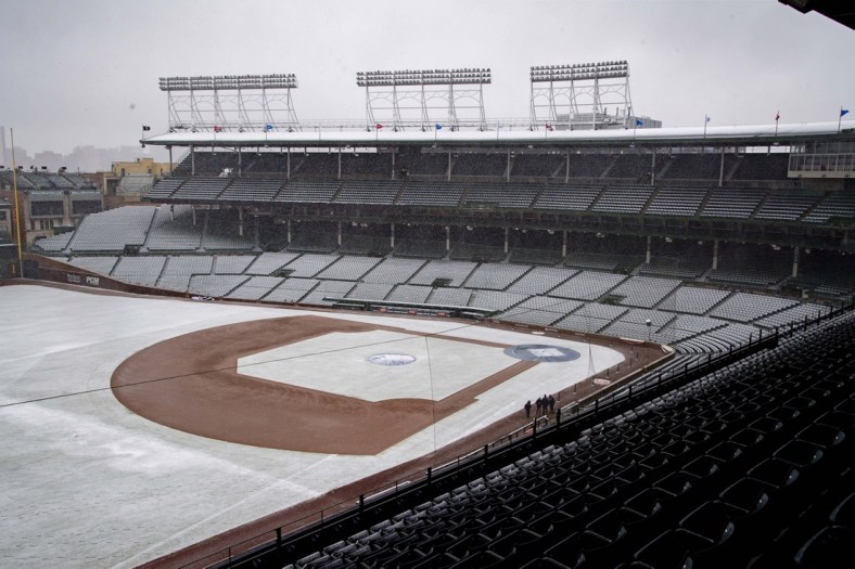 Apr 14, 2019; Chicago, IL, USA; Scenes of a snow/rain cancelled game between the Los Angeles Angels at Chicago Cubs at Wrigley Field. Mandatory Credit: Patrick Gorski-USA TODAY Sports
