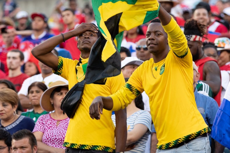 Jun 30, 2019; Philadelphia, PA, USA; Jamaica fans react after a goal against Panama during the second half of quarterfinal play in the CONCACAF Gold Cup soccer tournament at Lincoln Financial Field. Mandatory Credit: Bill Streicher-USA TODAY Sports