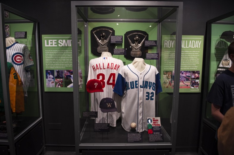 Jul 20, 2019; Cooperstown, NY, USA; Hall of Fame Inductee Roy Halladay display at the National Baseball Hall of Fame. Mandatory Credit: Gregory J. Fisher-USA TODAY Sports