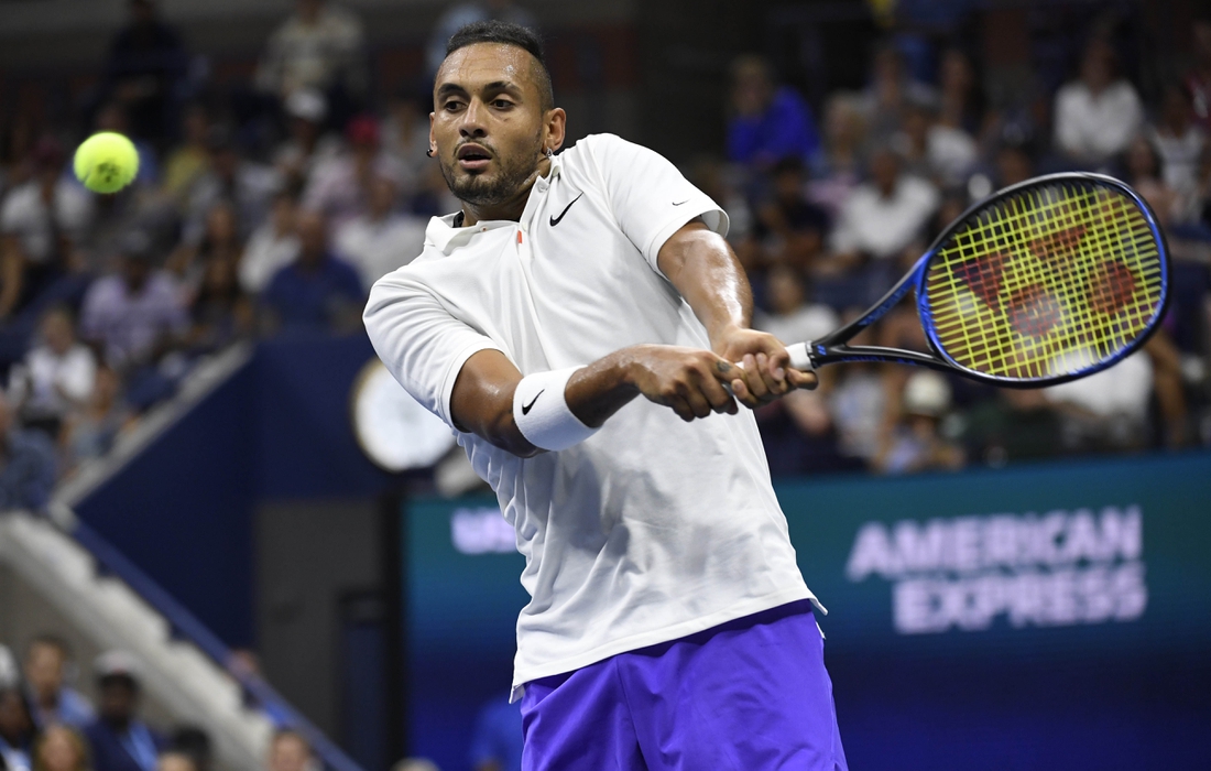 Aug 31, 2019; Flushing, NY, USA; Nick Kyrgios of Australia returns a shot against Andrey Rublev of Russia in a third round match on day six of the 2019 U.S. Open tennis tournament at USTA Billie Jean King National Tennis Center. Mandatory Credit: Danielle Parhizkaran-USA TODAY Sports