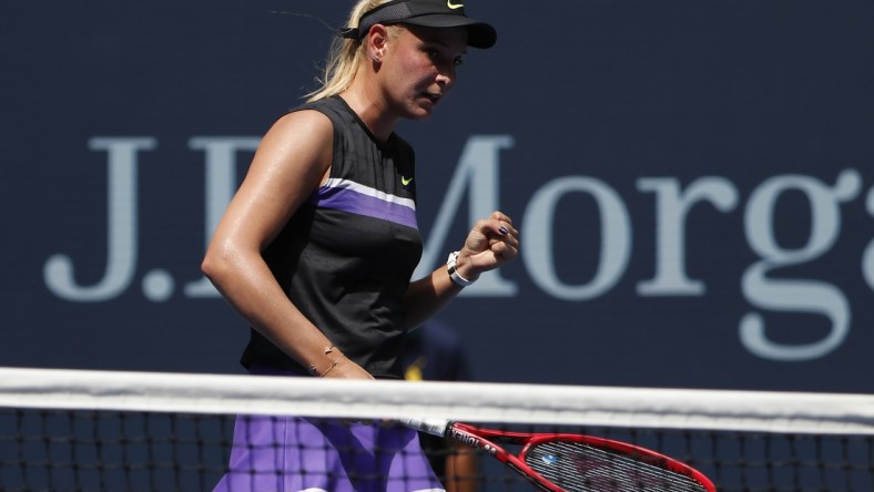 Sep 4, 2019; Flushing, NY, USA; Donna Vekic of Croatia reacts after winning a point against Belinda Bencic of Switzerland (not pictured) in a quarterfinal match on day ten of the 2019 US Open tennis tournament at USTA Billie Jean King National Tennis Center. Mandatory Credit: Geoff Burke-USA TODAY Sports