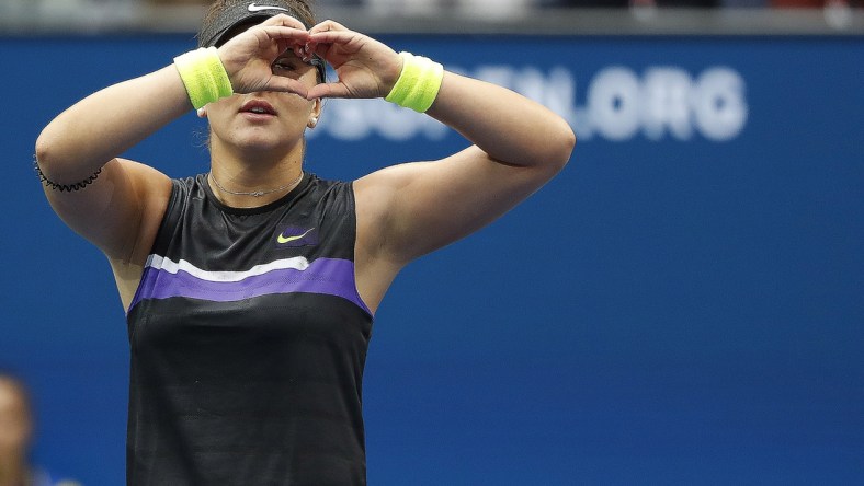 Sep 7, 2019; Flushing, NY, USA; Bianca Andreescu of Canada reacts after her match against Serena Williams of the United States (not pictured) in the women s final on day thirteen of the 2019 US Open tennis tournament at USTA Billie Jean King National Tennis Center. Mandatory Credit: Geoff Burke-USA TODAY Sports