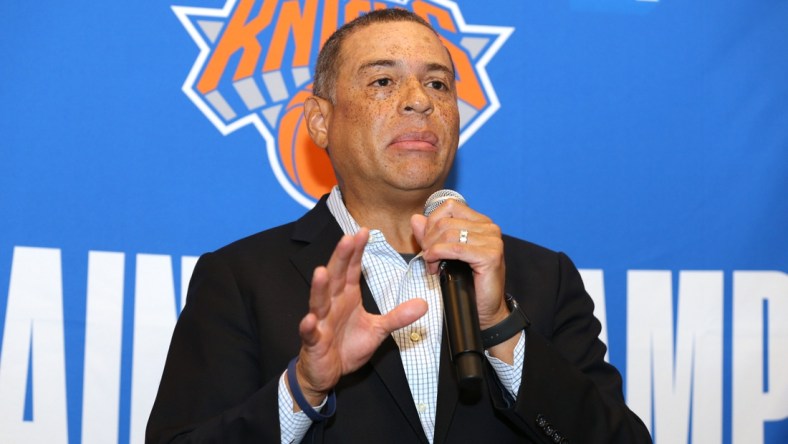 Sep 30, 2019; New York, NY, USA; New York Knicks general manager Scott Perry speaks to the media during media day at the MSG training center in Greenburgh, NY. Mandatory Credit: Brad Penner-USA TODAY Sports