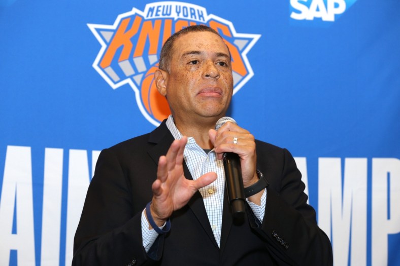 Sep 30, 2019; New York, NY, USA; New York Knicks general manager Scott Perry speaks to the media during media day at the MSG training center in Greenburgh, NY. Mandatory Credit: Brad Penner-USA TODAY Sports