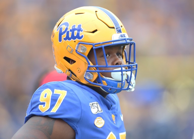 Oct 26, 2019; Pittsburgh, PA, USA;   Pittsburgh Panthers defensive lineman Jaylen Twyman (97) looks on from the sidelines against the Miami Hurricanes during the first quarter at Heinz Field. Miami won 16-12. Mandatory Credit: Charles LeClaire-USA TODAY Sports
