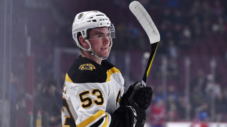 Nov 5, 2019; Montreal, Quebec, CAN; Boston Bruins forward Cameron Hughes (53) stretches during the warmup period before the game against the Montreal Canadiens at the Bell Centre. Mandatory Credit: Eric Bolte-USA TODAY Sports