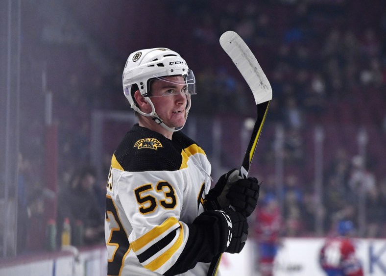 Nov 5, 2019; Montreal, Quebec, CAN; Boston Bruins forward Cameron Hughes (53) stretches during the warmup period before the game against the Montreal Canadiens at the Bell Centre. Mandatory Credit: Eric Bolte-USA TODAY Sports