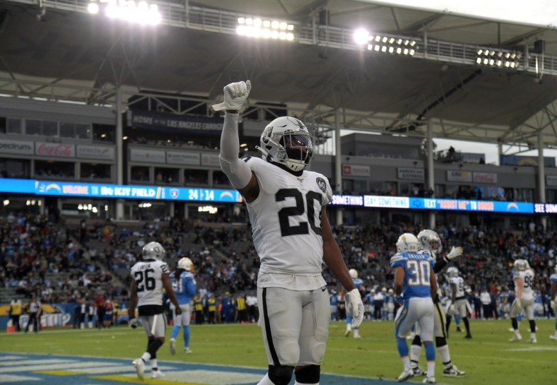 Dec 22, 2019; Carson, California, USA; Oakland Raiders cornerback Daryl Worley (20) celebrates in the fourth quarter against the Los Angeles Chargers at Dignity Health Sports Park. The Raiders defeated teh Chargers 24-17. Mandatory Credit: Kirby Lee-USA TODAY Sports