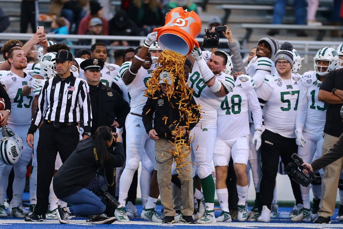 Jan 3, 2020; Boise, Idaho, USA; Ohio Bobcats players dump french fries on head coach Frank Solich during the second half of the Famous Idaho Potato Bowl against the Nevada Wolf Pack at Albertsons Stadium. Ohio won 30-21. Mandatory Credit: Brian Losness-USA TODAY Sports