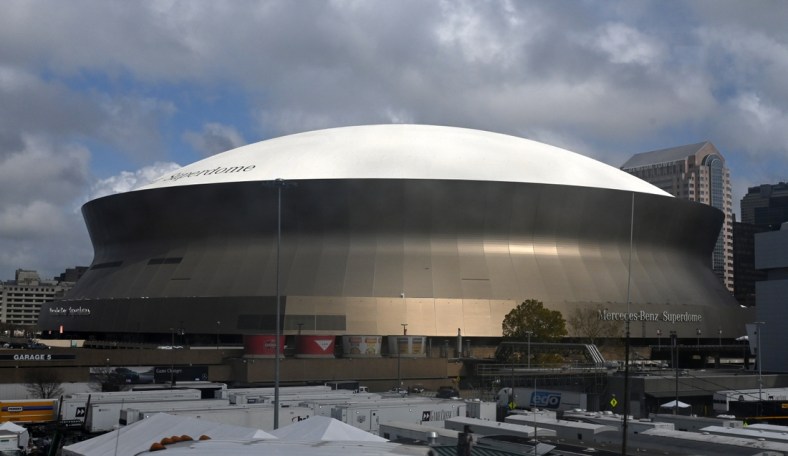 Jan 14, 2020; New Orleans, Louisiana, USA; General overall view of the Mercedes-Benz Superdome exterior, the site of the 2020 CFP National Championship game between the Clemson Tigers and the LSU Tigers.   Mandatory Credit: Kirby Lee-USA TODAY Sports