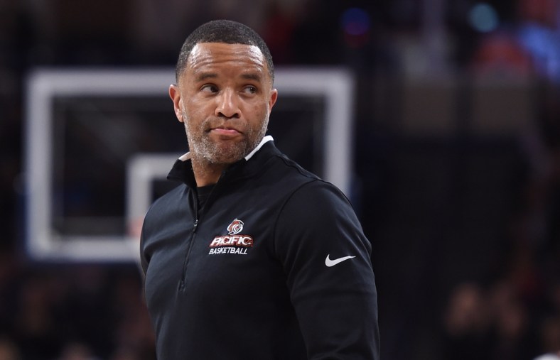 Jan 25, 2020; Spokane, Washington, USA;  Pacific Tigers head coach Damon Stoudamire looks on against the Gonzaga Bulldogs in the second half at McCarthey Athletic Center. Mandatory Credit: James Snook-USA TODAY Sports