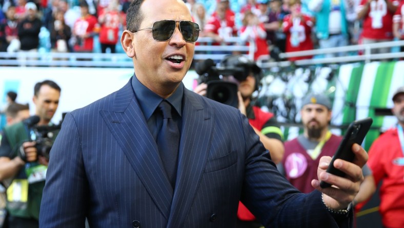 Feb 2, 2020; Miami Gardens, Florida, USA; Alex Rodriguez on the sidelines before Super Bowl LIV between the Kansas City Chiefs and San Francisco 49ers at Hard Rock Stadium. Mandatory Credit: Mark J. Rebilas-USA TODAY Sports