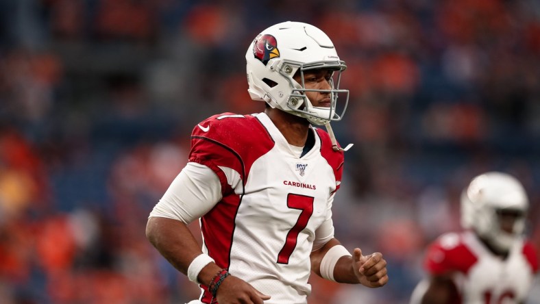 Aug 29, 2019; Denver, CO, USA; Arizona Cardinals quarterback Brett Hundley (7) in the first quarter against the Denver Broncos at Broncos Stadium at Mile High. Mandatory Credit: Isaiah J. Downing-USA TODAY Sports