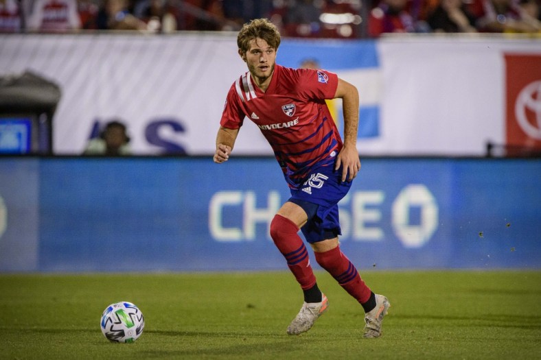 Feb 29, 2020; Frisco, Texas, USA; FC Dallas midfielder Tanner Tessman (15) in action during the game between FC Dallas and the Philadelphia Union at Toyota Stadium. Mandatory Credit: Jerome Miron-USA TODAY Sports