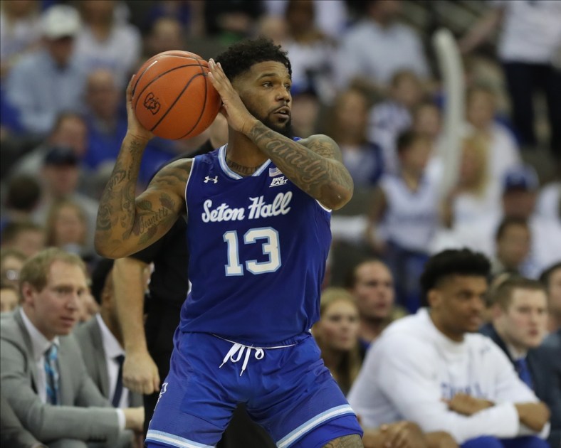 Mar 7, 2020; Omaha, Nebraska, USA; Seton Hall Pirates guard Myles Powell (13) looks to pass in their game against the Creighton Bluejays at CHI Health Center Omaha. Creighton beat Seton Hall 77 to 60.  Mandatory Credit: Reese Strickland-USA TODAY Sports