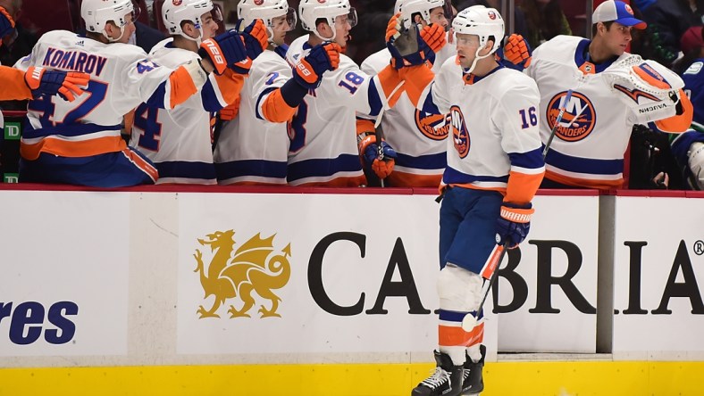 Mar 10, 2020; Vancouver, British Columbia, CAN;  New York Islanders forward Andrew Ladd (16) celebrates his goal against Vancouver Canucks goaltender Thatcher Demko (35) (not pictured) during the first period at Rogers Arena. Mandatory Credit: Anne-Marie Sorvin-USA TODAY Sports