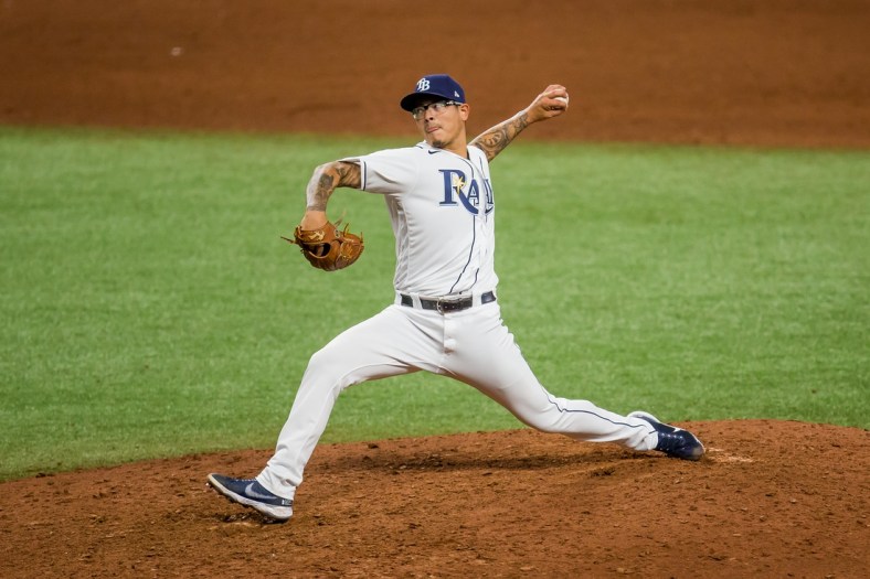 Aug 22, 2020; St. Petersburg, Florida, USA; Tampa Bay Rays starting pitcher Anthony Banda (53) delivers a pitch during the tenth inning of a game against the Toronto Blue Jays at Tropicana Field. Mandatory Credit: Mary Holt-USA TODAY Sports