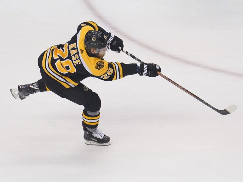 Aug 29, 2020; Toronto, Ontario, CAN;  Boston Bruins forward Ondrej Kase (28) shoots the puck in warm up before game four of the second round of the 2020 Stanley Cup Playoffs against the Tampa Bay Lightning at Scotiabank Arena. Mandatory Credit: John E. Sokolowski-USA TODAY Sports
