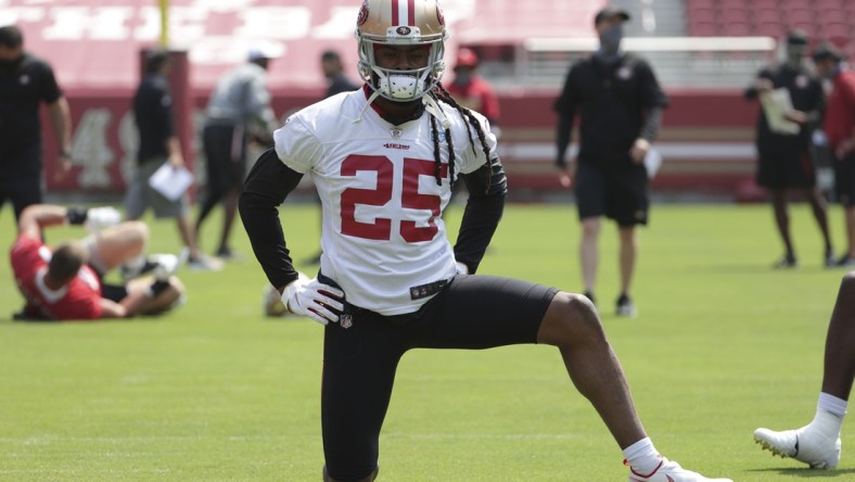 Sep 2, 2020; Santa Clara, CA, USA; San Francisco 49ers cornerback Richard Sherman (25) stretches during training camp at Levi   s Stadium. Mandatory Credit: San Francisco 49ers/Pool Photo via USA TODAY Network