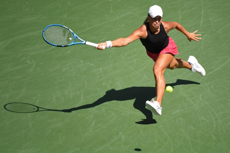 Sep 8, 2020; Flushing Meadows, New York,USA; Yulia Putintseva of Kazakhstan reaches for a forehand against Jennifer Brady of the United States (not pictured) in a women's singles quarter-finals match on day nine of the 2020 U.S. Open tennis tournament at USTA Billie Jean King National Tennis Center. Mandatory Credit: Danielle Parhizkaran-USA TODAY Sports