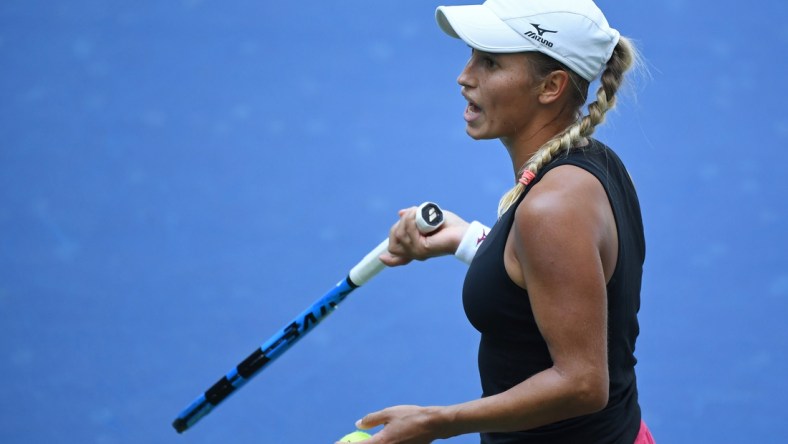 Sep 8, 2020; Flushing Meadows, New York,USA; Yulia Putintseva of Kazakhstan reacts after losing a point against Jennifer Brady of the United States (not pictured) in a women's singles quarter-finals match on day nine of the 2020 U.S. Open tennis tournament at USTA Billie Jean King National Tennis Center. Mandatory Credit: Danielle Parhizkaran-USA TODAY Sports