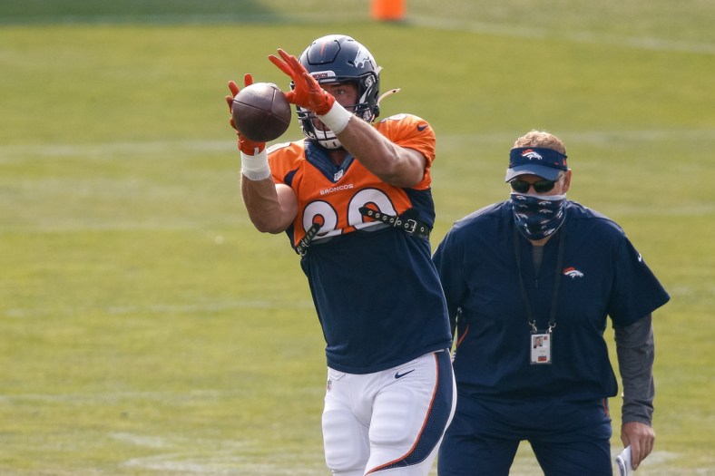 Aug 21, 2020; Englewood, Colorado, USA; Denver Broncos tight end Jake Butt (80) during training camp at the UCHealth Training Center. Mandatory Credit: Isaiah J. Downing-USA TODAY Sports