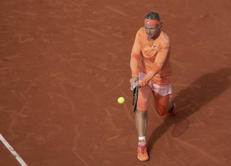 Oct 4, 2020; Paris, France; Kiki Bertens (NED) in action during her match against Martina Trevisan (ITA) on day eight at Stade Roland Garros. Mandatory Credit: Susan Mullane-USA TODAY Sports