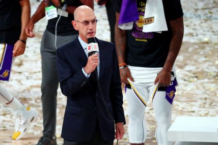 Oct 11, 2020; Lake Buena Vista, Florida, USA; NBA Commissioner Adam Silver during the trophy presentation after game six of the 2020 NBA Finals between the Los Angeles Lakers and the Miami Heat at AdventHealth Arena. The Los Angeles Lakers won 106-93 to win the series. Mandatory Credit: Kim Klement-USA TODAY Sports