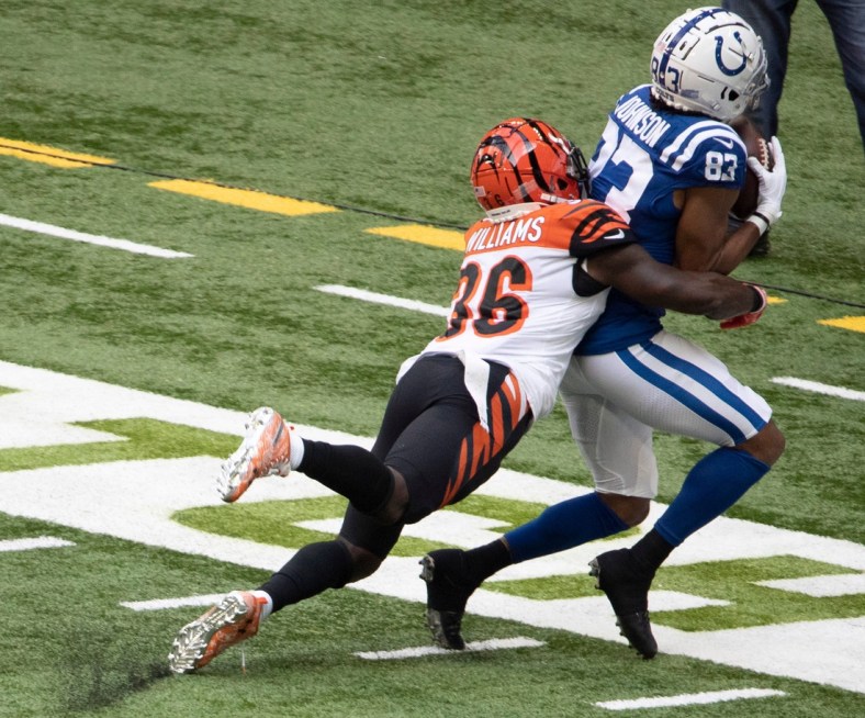 Indianapolis Colts wide receiver Marcus Johnson (83) is forced out of bounds by Cincinnati Bengals strong safety Shawn Williams (36) in the second quarter as the Indianapolis Colts host the Cincinnati Bengals at Lucas Oil Stadium in Indianapolis, Ind. on Sunday, October 18, 2020.

Cincinnati Bengals At Indianapolis Colts