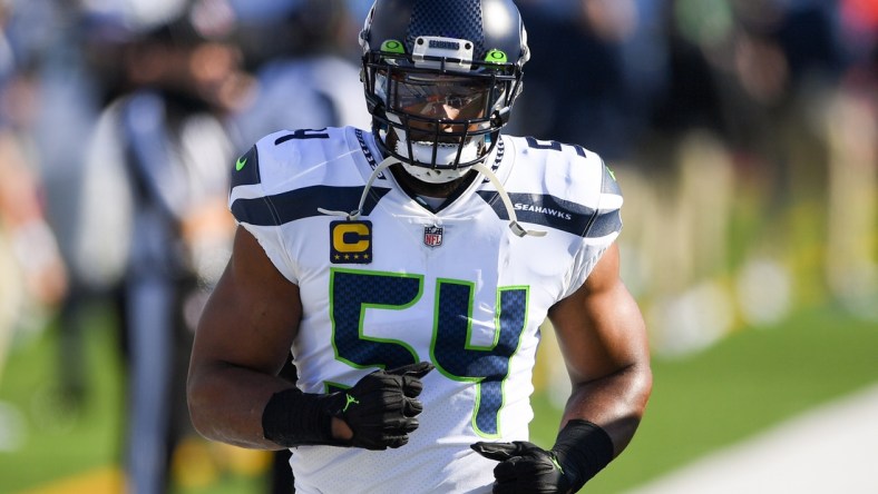 Nov 8, 2020; Orchard Park, New York, USA; Seattle Seahawks middle linebacker Bobby Wagner (54) jogs on the field prior to the game against the Buffalo Bills at Bills Stadium. Mandatory Credit: Rich Barnes-USA TODAY Sports