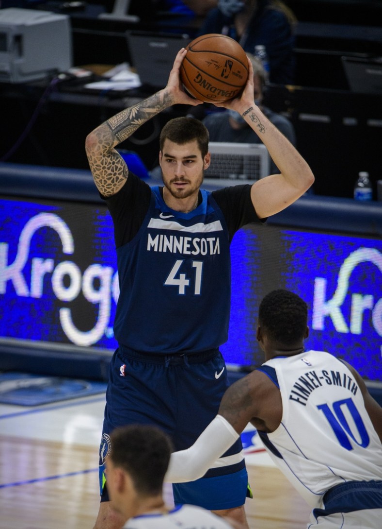 Dec 17, 2020; Dallas, Texas, USA; Minnesota Timberwolves forward Juan Hernangomez (41) in action during the game between the Dallas Mavericks and the Minnesota Timberwolves at the American Airlines Center. Mandatory Credit: Jerome Miron-USA TODAY Sports