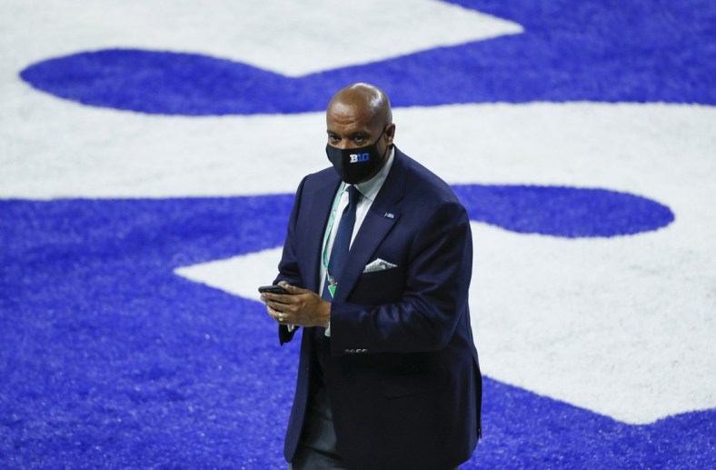 Big Ten commissioner Kevin Warren walks across the endzone prior to the Big Ten Championship football game between Ohio State and Northwestern at Lucas Oil Stadium in Indianapolis on Saturday, Dec. 19, 2020.

Big Ten Championship Ohio State Northwestern