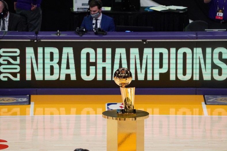 Dec 22, 2020; Los Angeles, California, USA; The 2020 NBA Championship Larry O'Brien trophy won by the Los Angeles Lakers is see on display before a game between the Lakers and the Los Angeles Clippers at Staples Center. Mandatory Credit: Kirby Lee-USA TODAY Sports