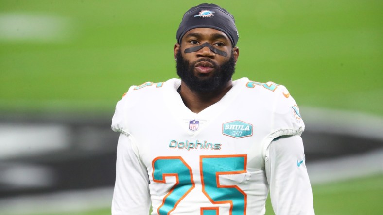 Dec 26, 2020; Paradise, Nevada, USA; Miami Dolphins cornerback Xavien Howard (25) against the Las Vegas Raiders at Allegiant Stadium. Mandatory Credit: Mark J. Rebilas-USA TODAY Sports