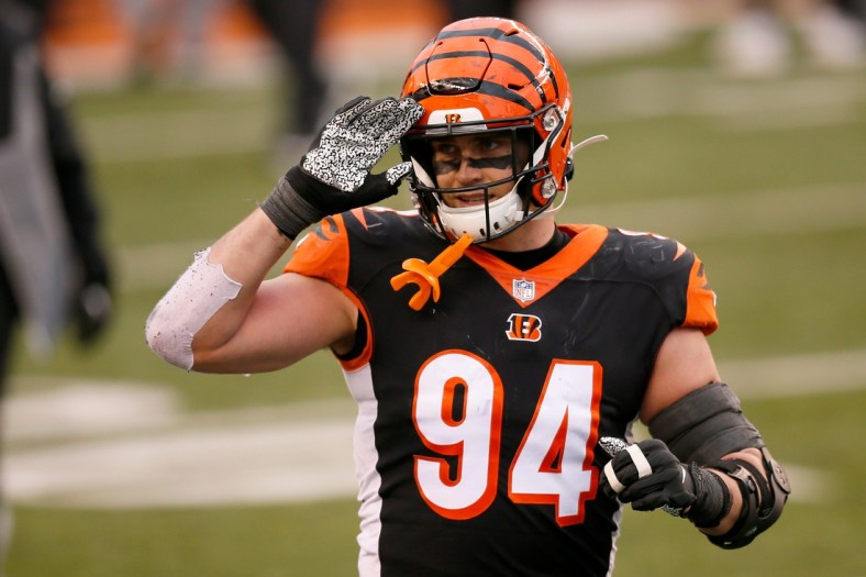 Cincinnati Bengals defensive end Sam Hubbard (94) waves to fans as he runs off the field after the fourth quarter of the NFL Week 17 game between the Cincinnati Bengals and the Baltimore Ravens at Paul Brown Stadium in downtown Cincinnati on Sunday, Jan. 3, 2021. The Bengals finished the season 4-11-1 after a 38-3 beat down from the Ravens.

Baltimore Ravens At Cincinnati Bengals