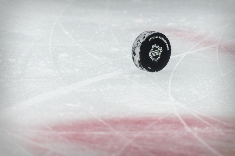 Jan 26, 2021; Dallas, Texas, USA; A view of a puck and the NHL logo and the face-off circle before the game between the Dallas Stars and the Detroit Red Wings at the American Airlines Center. Mandatory Credit: Jerome Miron-USA TODAY Sports