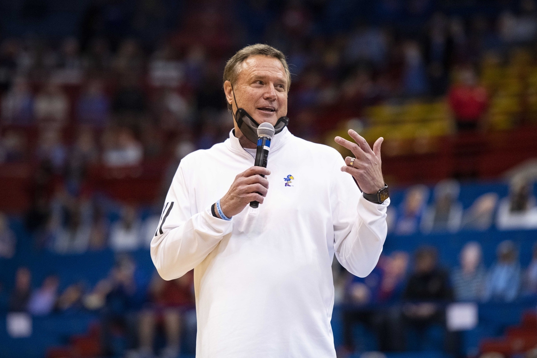 Feb 27, 2021; Lawrence, Kansas, USA;  Kansas Jayhawks head coach Bill Self speaks about Kansas Jayhawks guard Marcus Garrett (0) after his team defeated the Baylor Bears at Allen Fieldhouse. Mandatory Credit: Amy Kontras-USA TODAY Sports