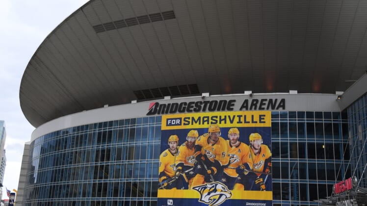 Feb 28, 2021; Nashville, Tennessee, USA; General view of Bridgestone Arena before the game between the Nashville Predators and the Columbus Blue Jackets. Mandatory Credit: Christopher Hanewinckel-USA TODAY Sports