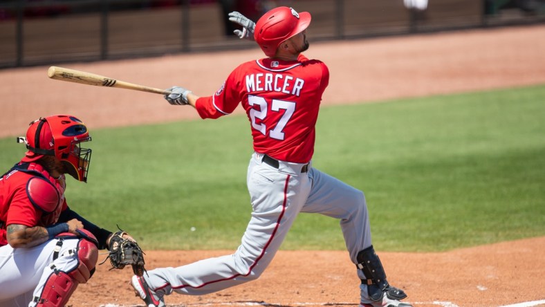 Mar 15, 2021; Jupiter, Florida, USA; Washington Nationals non-roster invite Jordy Mercer (27) bats during a spring training game between the Washington Nationals and the St. Louis Cardinals at Roger Dean Chevrolet Stadium. Mandatory Credit: Mary Holt-USA TODAY Sports