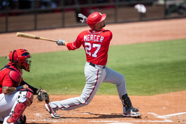 Mar 15, 2021; Jupiter, Florida, USA; Washington Nationals non-roster invite Jordy Mercer (27) bats during a spring training game between the Washington Nationals and the St. Louis Cardinals at Roger Dean Chevrolet Stadium. Mandatory Credit: Mary Holt-USA TODAY Sports