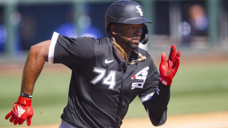 Mar 8, 2021; Glendale, Arizona, USA; Chicago White Sox outfielder Eloy Jimenez against the Los Angeles Dodgers during a Spring Training game at Camelback Ranch Glendale. Mandatory Credit: Mark J. Rebilas-USA TODAY Sports