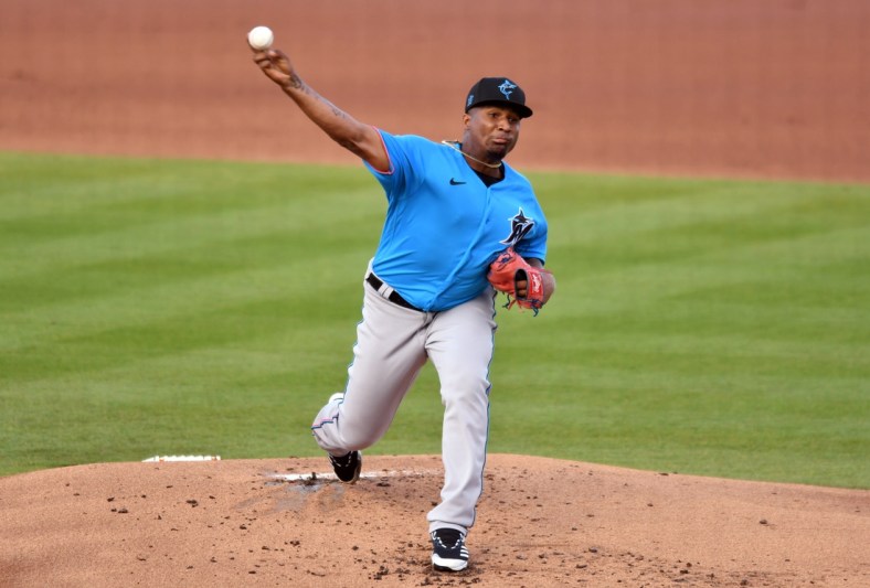 Mar 20, 2021; West Palm Beach, Florida, USA; Miami Marlins starting pitcher Sixto Sanchez (45) pitches against the Washington Nationals during a spring training game at Ballpark of the Palm Beaches. Mandatory Credit: Jim Rassol-USA TODAY Sports